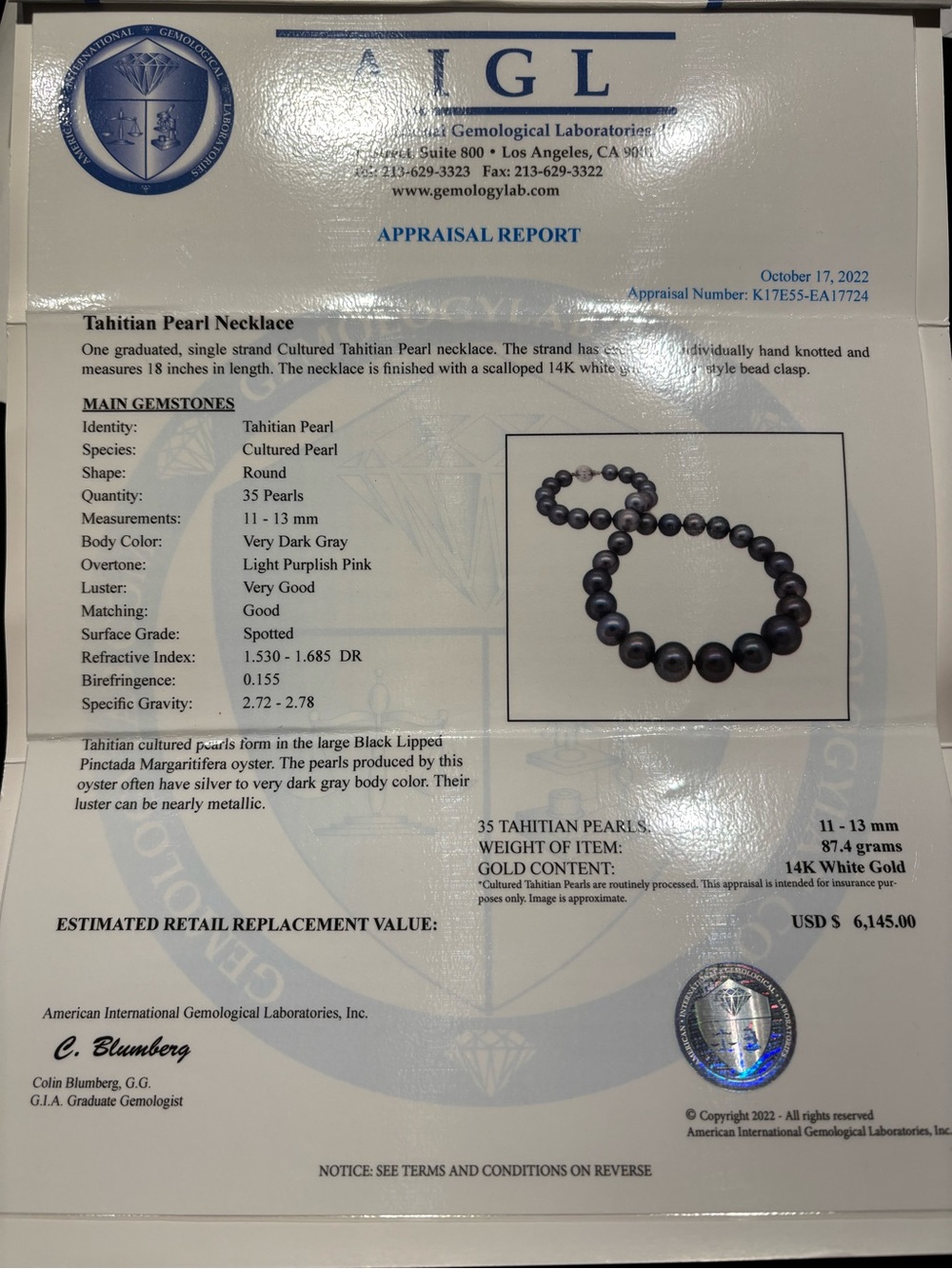 18” Tahitian Pearl Necklace Gray 35 pearls - Picture 6 of 9